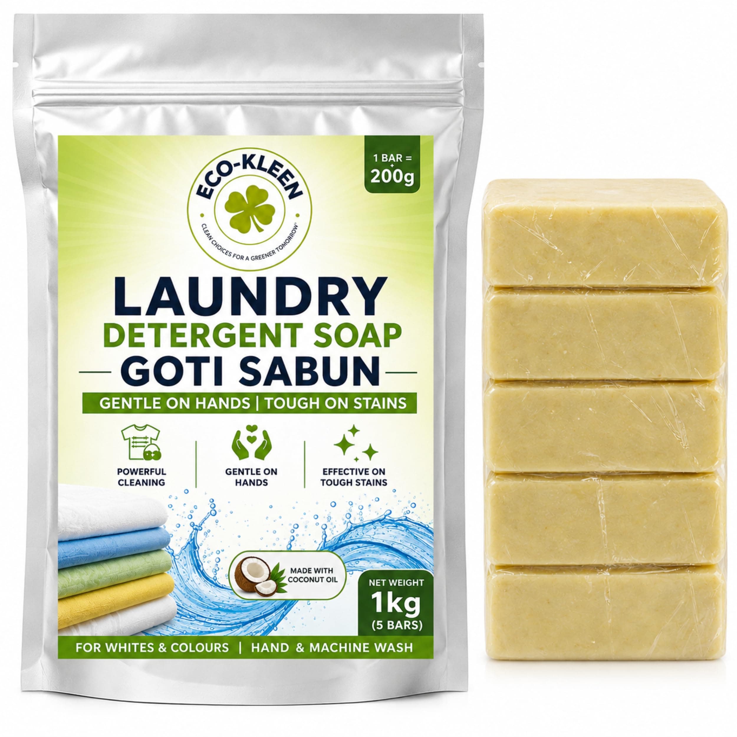 ECO-KLEEN 1Kg (5 Bars x 200g) Goti Sabun Laundry Detergent Soap Bar for Clothes Washing