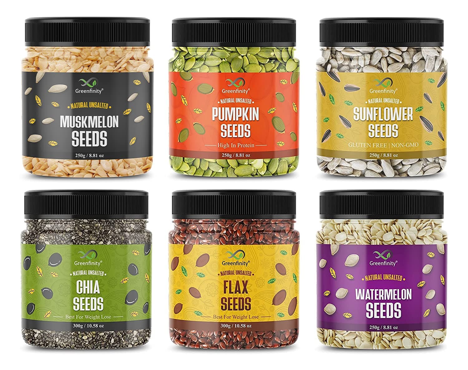 GreenFinity Healthy Seeds Combo- Muskmelon-250g, Pumpkin-250g, Sunflower-250g, Watermelon-250g, Chia-300g and Flax Seeds-300g | Ideal for Weight Management, Snack, Smoothies, Baking, Salad (Pack of 6)