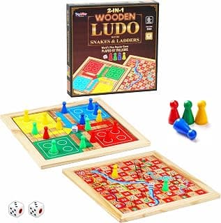 ToyAffair 2 in 1 Wooden Ludo and Snakes Ladders Board Game (31 x 31 cm) Double Sided Family Strategy Game Set for Kids and Adults Age 6 + 2 to 4 Players Indoor Travel Board Game
