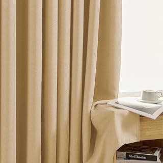 LINENWALAS 100% True Blackout Curtains 7 Feet Set of 2, Embossed Herringbone Design, Complete Light Blocking, Thermal Insulated & Noise Reducing Room Darkening Curtains for Door (Golden Beige)