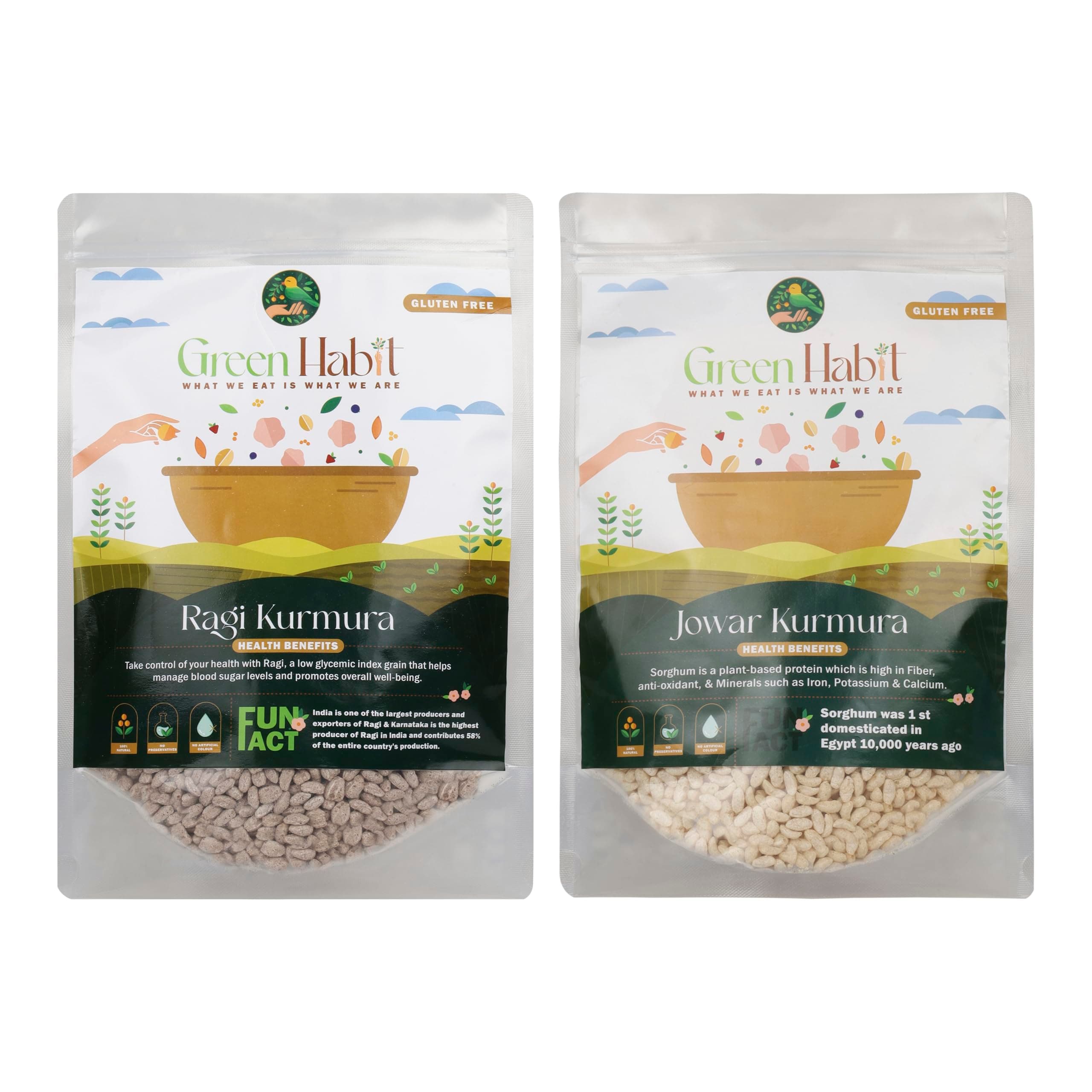 Greenhabit Jowar & Ragi Kurumura Combo a.k.a Sorghum Puff & Finger millet Puffs for Healthy Breakfast Snack Food (Puffed Jowari 200g & Puffed Ragi 200g pack each)