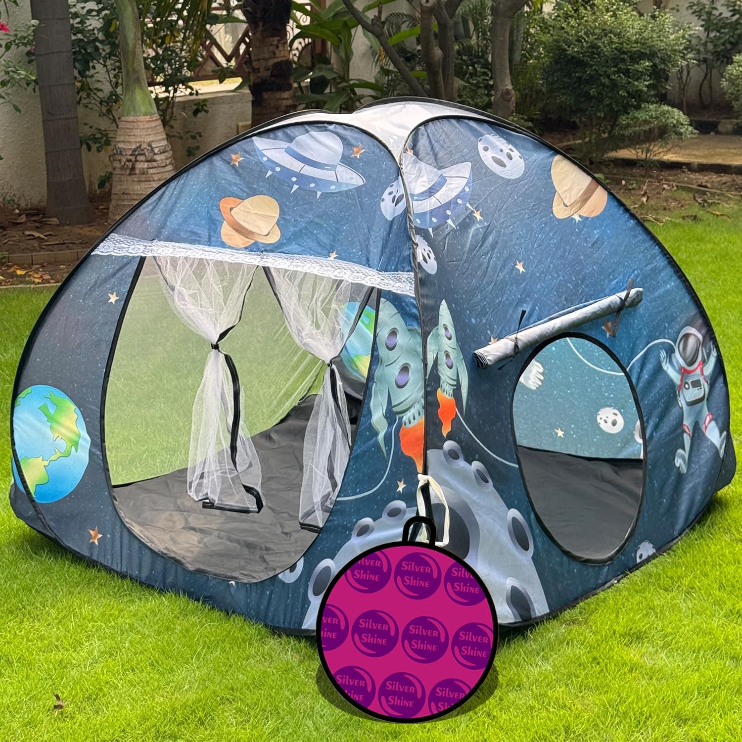 Foldable Play Tent House Big Size for Girl Boys with Planet Theme Pop-Up Indoor & Outdoor Play House for Girls Boys| Multi Purpose Tent House with Fun Patterns Easy Setup & Portable (Planet Blue)