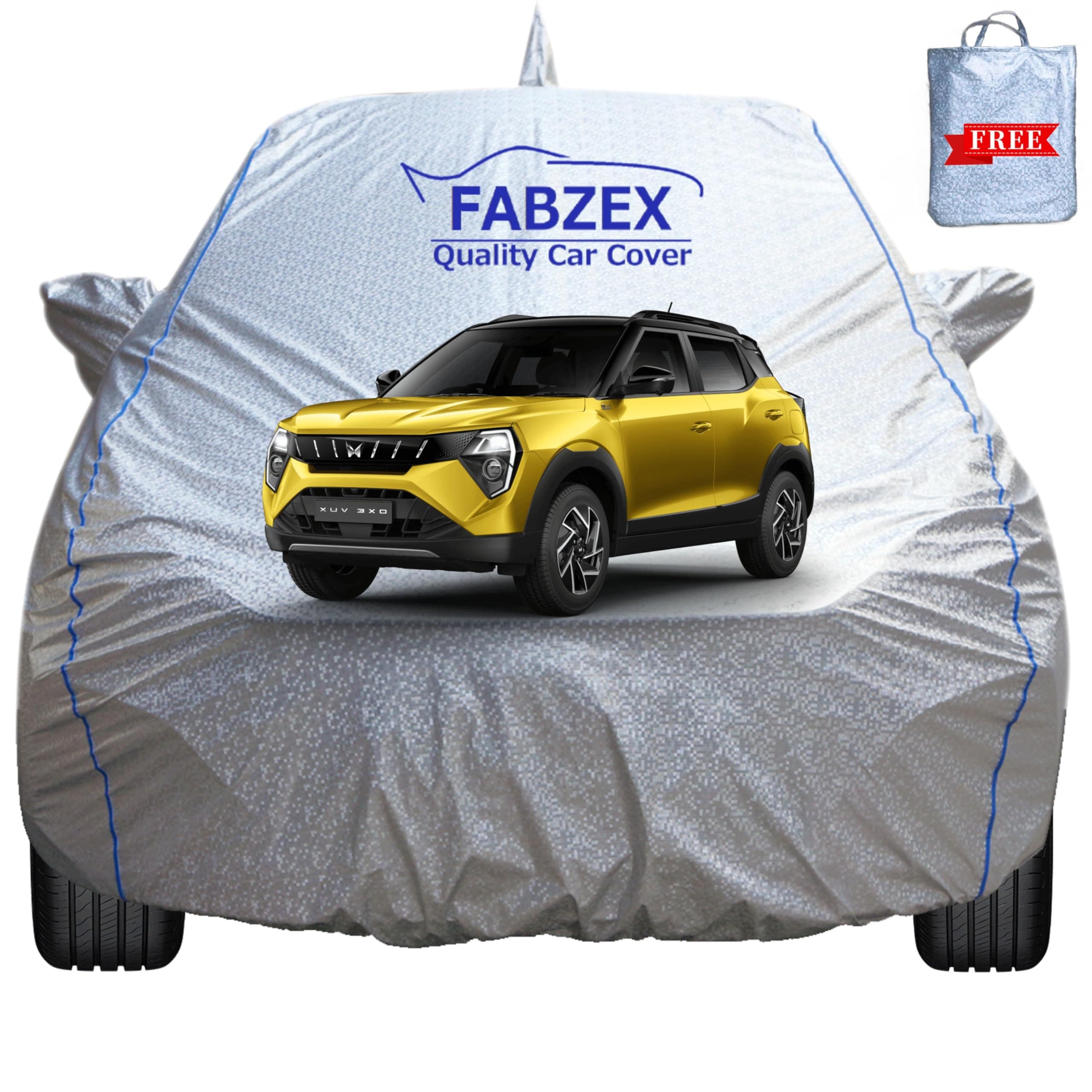 FABZEX Waterproof Car Body Cover Compatible for Mahindra XUV 3XO (All Models) with Mirror and Antenna Pockets,Triple Stitched,Bottom Elastic with Buckle Silver Cover with Piping