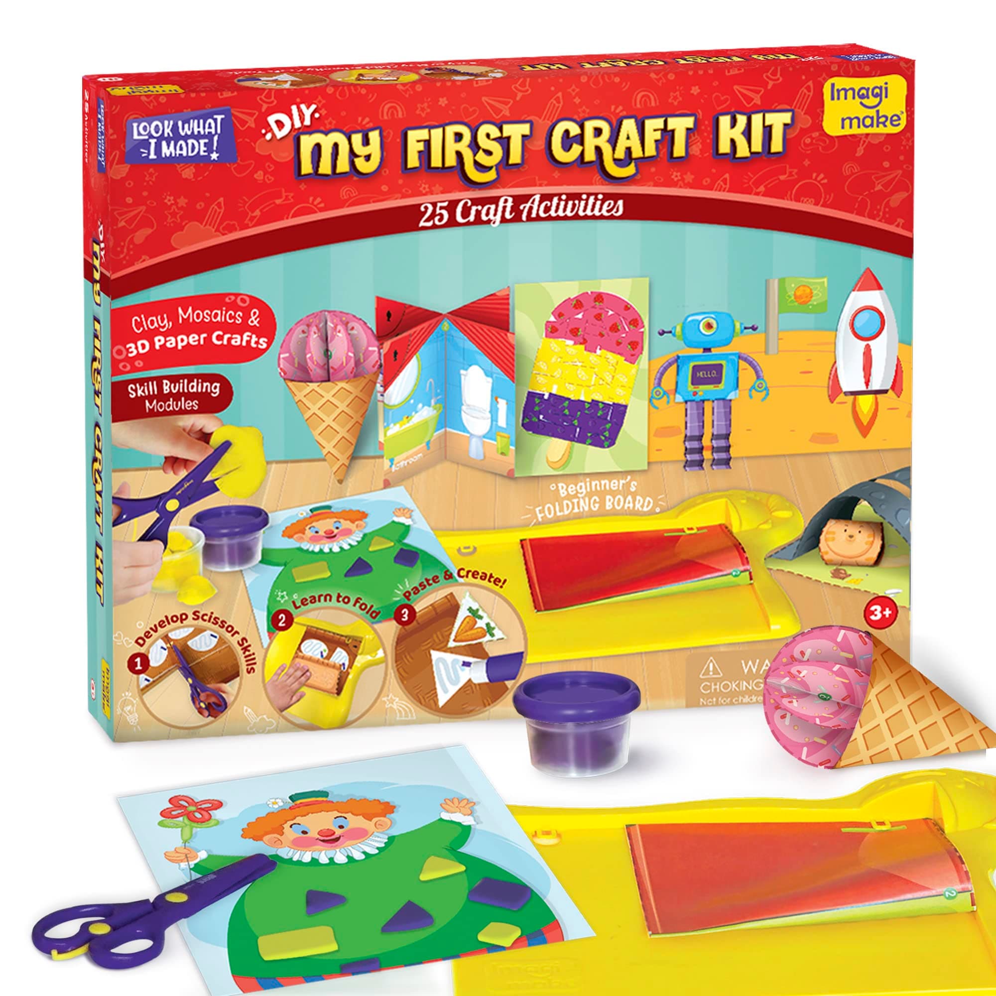 Imagimake My First Craft Kit | Art & Craft Kit | Kids Age 3+ | My first craft kit: 25 activities with child-safe scissor, reusable dough, folding board & glue; learn to cut, fold & paste