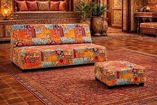 Rosebell 2 Seater Wooden Sofa with Ottoman | Multicolor Printed Fabric Sofa | Comfortable Living Room Sofa Set