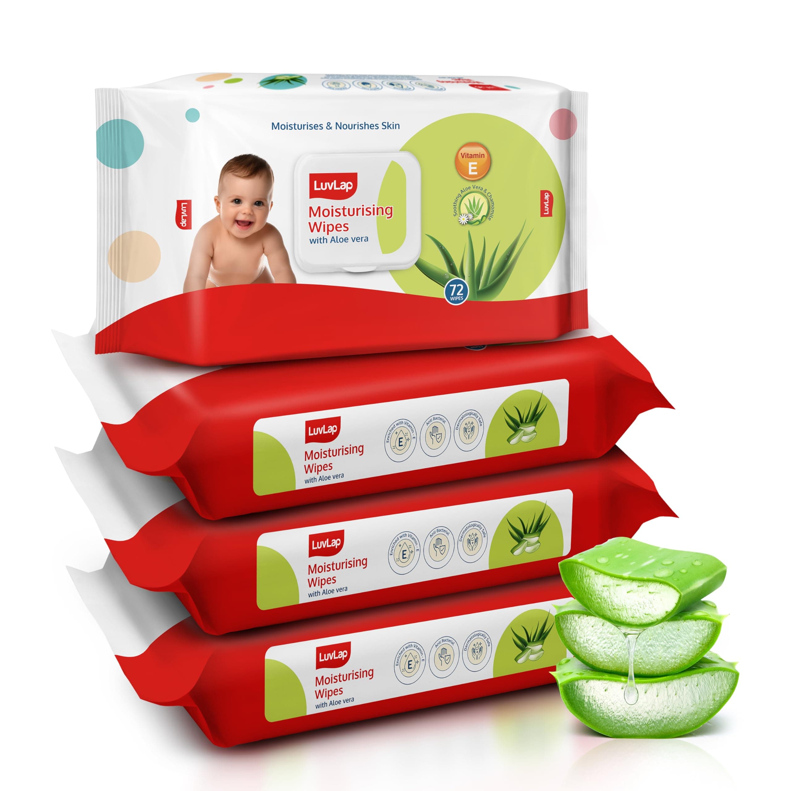 LuvLap Moisturising Wet Wipes with Lid for Baby Skin, Enriched with Aloe Vera, Vitamin E & Chamomile Extract, pH Balanced, Dermatologically Safe, Paraben & Sulphate Free, 72 Wipes, Pack of 4