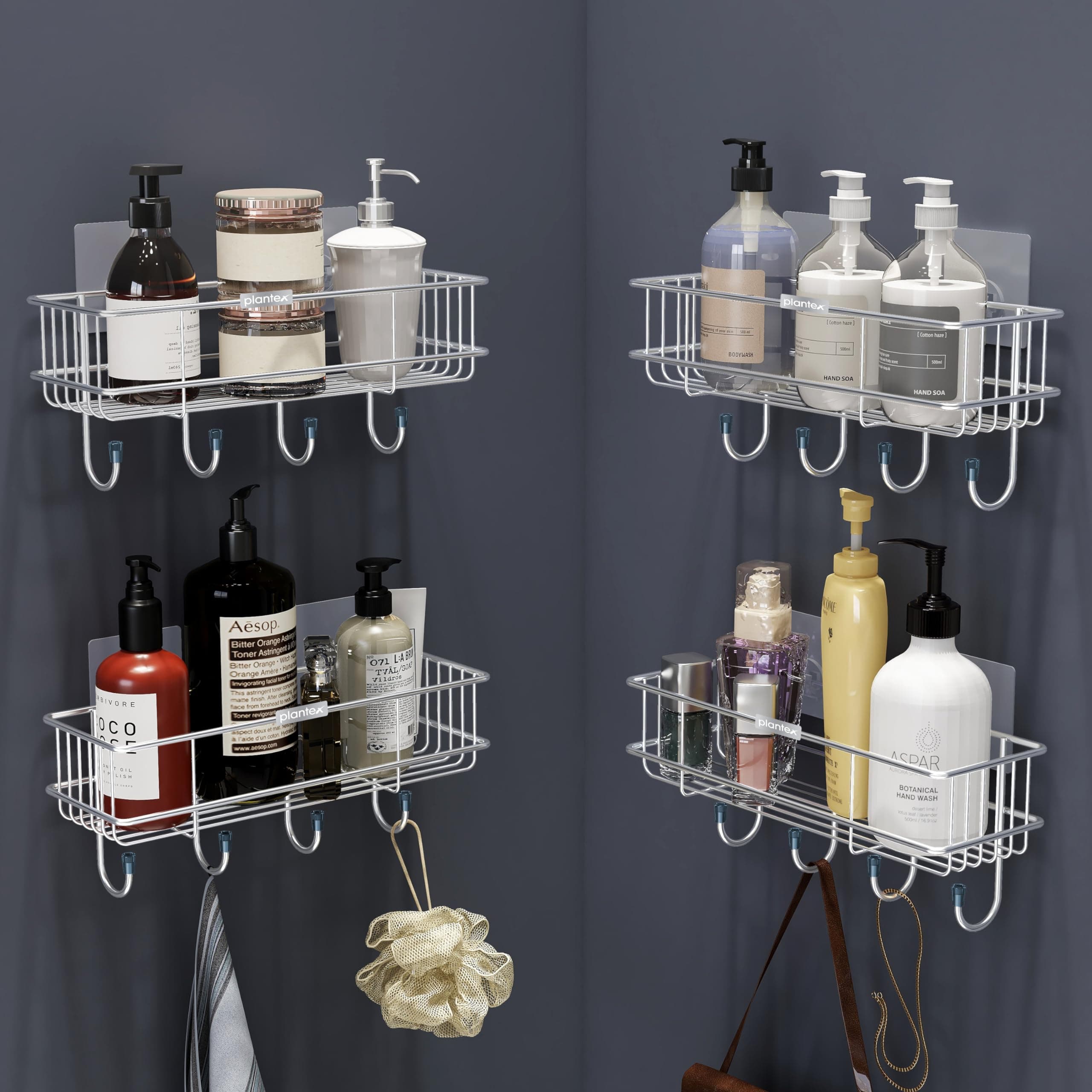 Plantex Stainless Steel Self-Adhesive Multipurpose Bathroom Shelf with Hooks/Towel Holder/Rack/Bathroom Accessories-Wall Mount - Pack of 4 (Chrome)