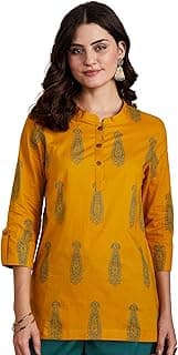 Amazon Brand - Myx Women's Screen Print Straight Printed Regular Cotton Short Kurti (Available in Plus Sizes)