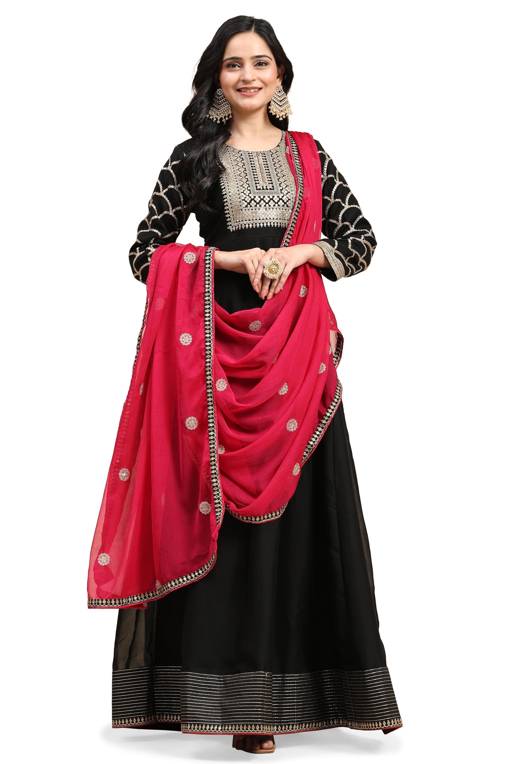 TRENDMALLS Women's Rangoli Silk Embroidery Anarkali Kurta Set Salwar Suit Black Kurta Pant with Pink Dupatta for Women
