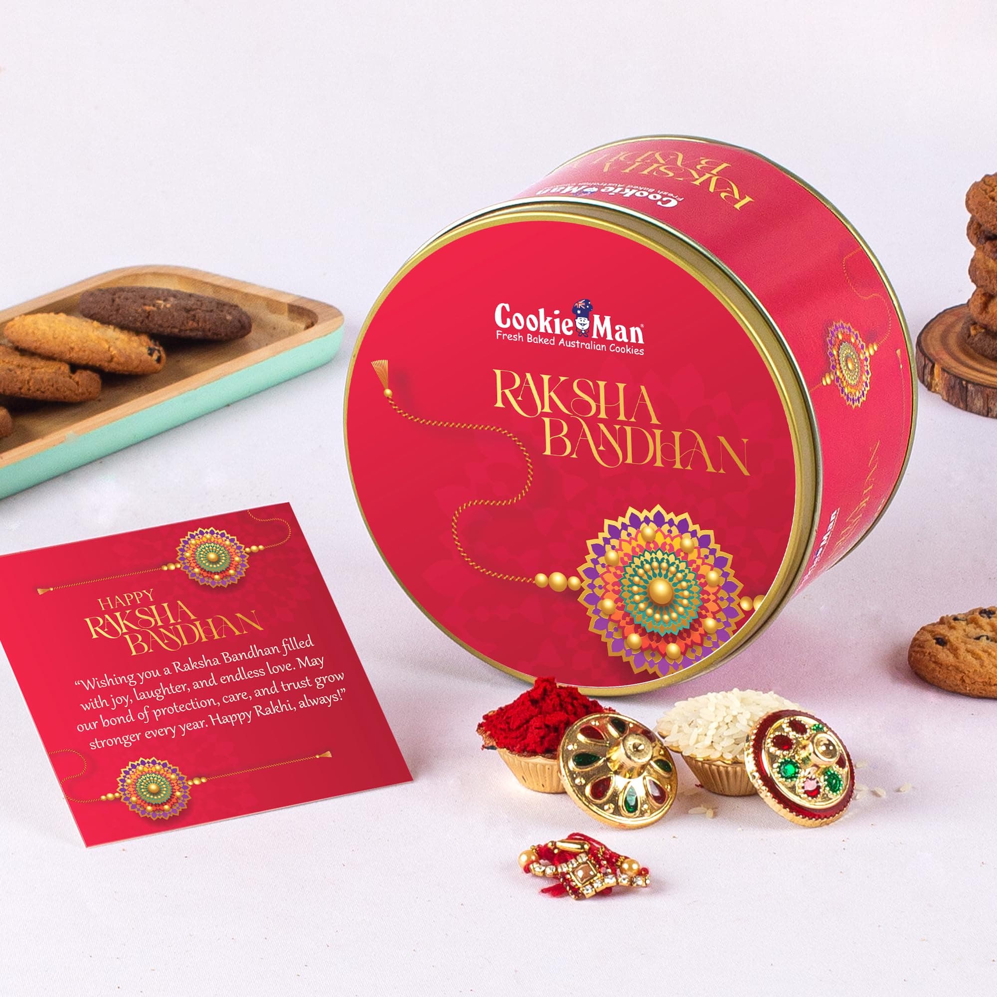 CookieMan Rakhi Gift Box for Brother with 300g Assorted Cookies | Rakhi Gift Set for Brother with Roli Chawal and Greeting Card | Perfect Raksha Bandhan Gift Hamper for Brother & Sister