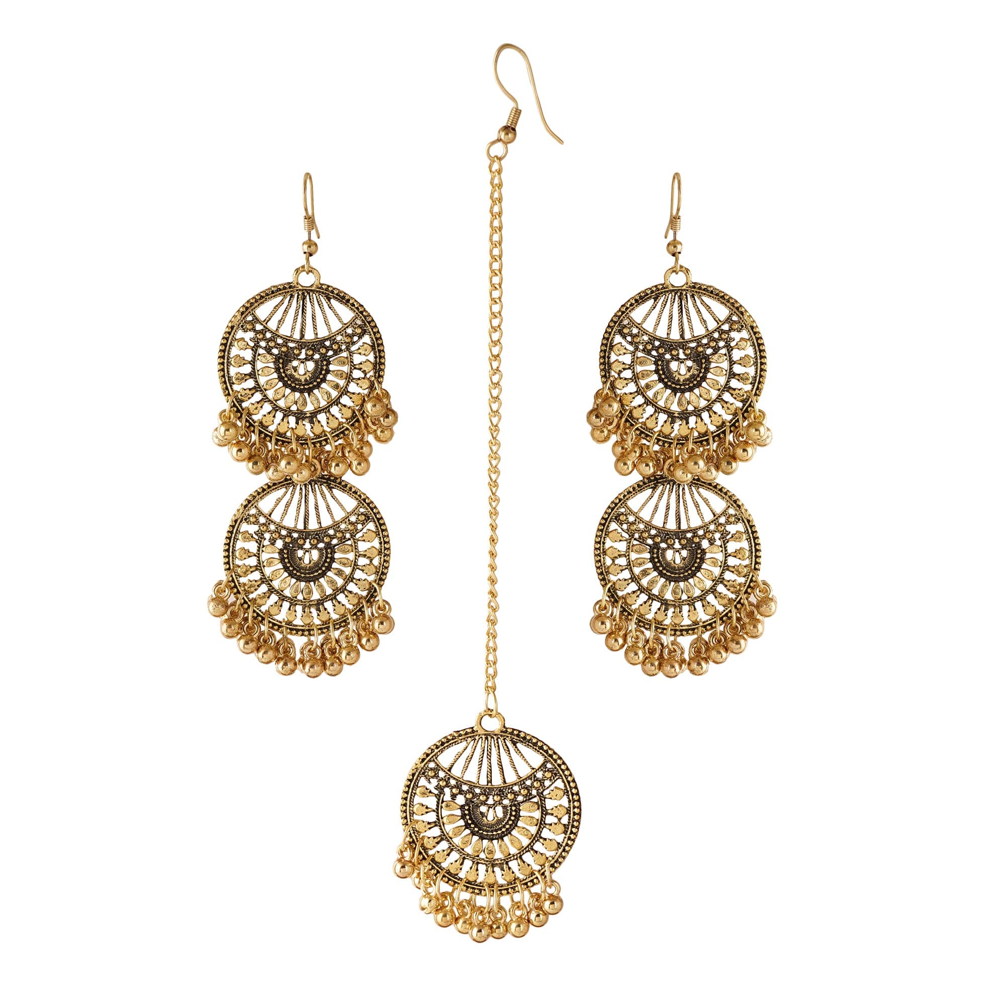 Shreyadzines Designer Oxidized Polish Mirror Work Afghani Kashmiri Style Jhumka Lightweight Earrings Mang Tika Combo for Women and Girls