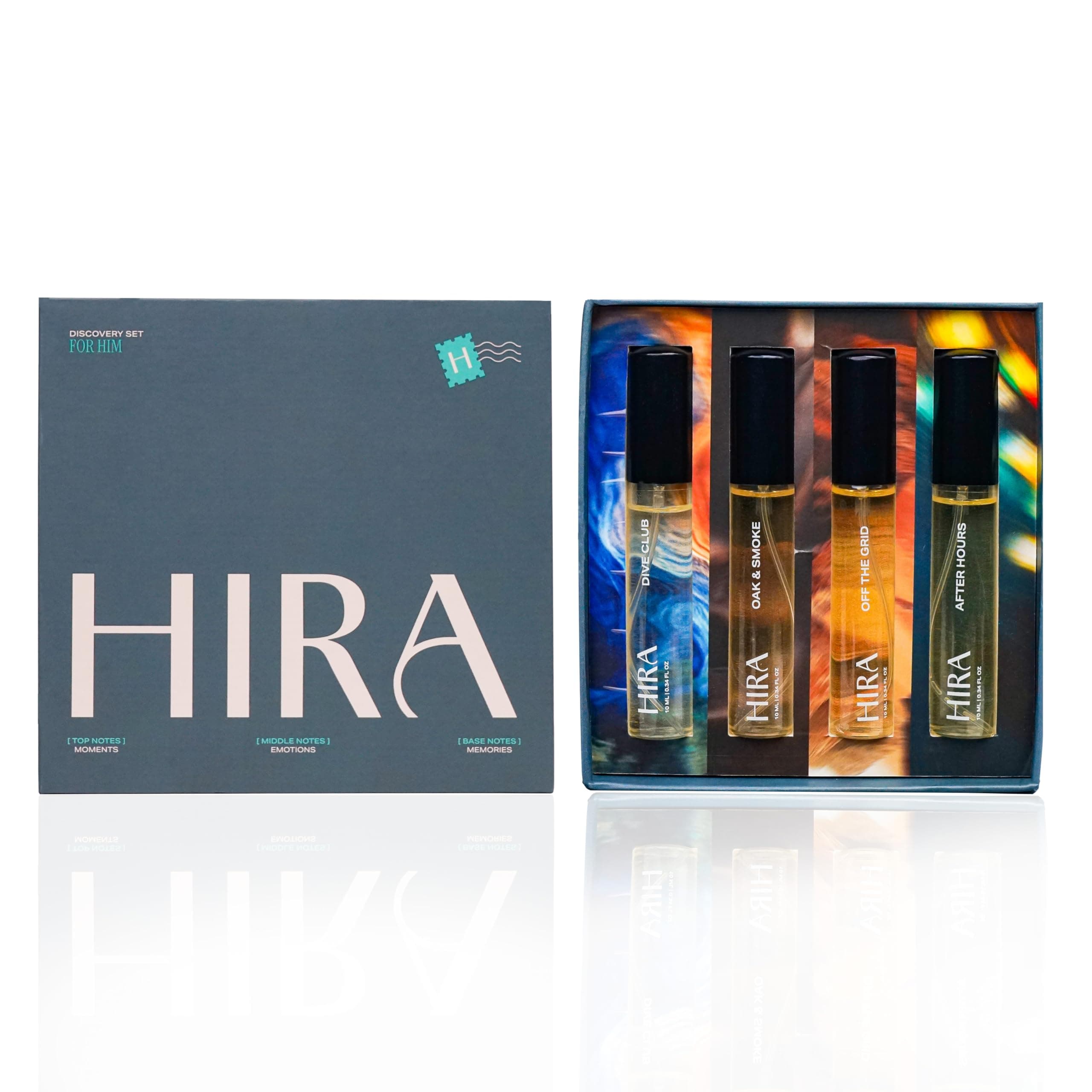 HIRA Discovery Perfume Set for Man 10ml x 4 |Dive Club, Oak & Smoke, Off The Grid & After Hours Eau De Parfum (EDP)| Long Lasting Fragrance Perfume Combo | Men Perfumes | Birthday Gift for Man, Boys