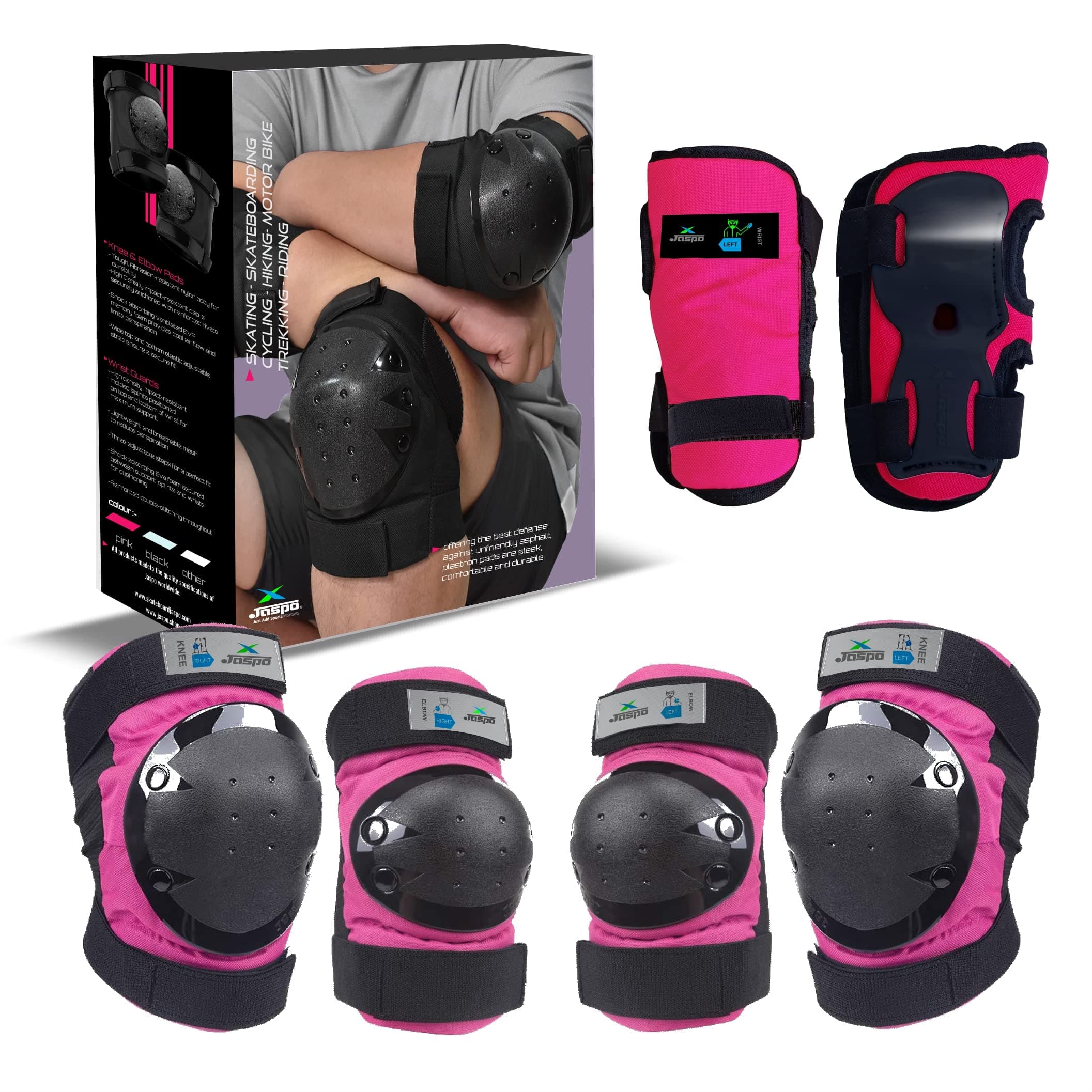 jaspo Plastron Saver 3 Professional Protective Set (Knee/Elbow/Wrist Guard) Multi Purpose Safety Kit for Skateboarding, Roller Skating, Inline Skating, Cycling and Other Sports (Large, Pink)