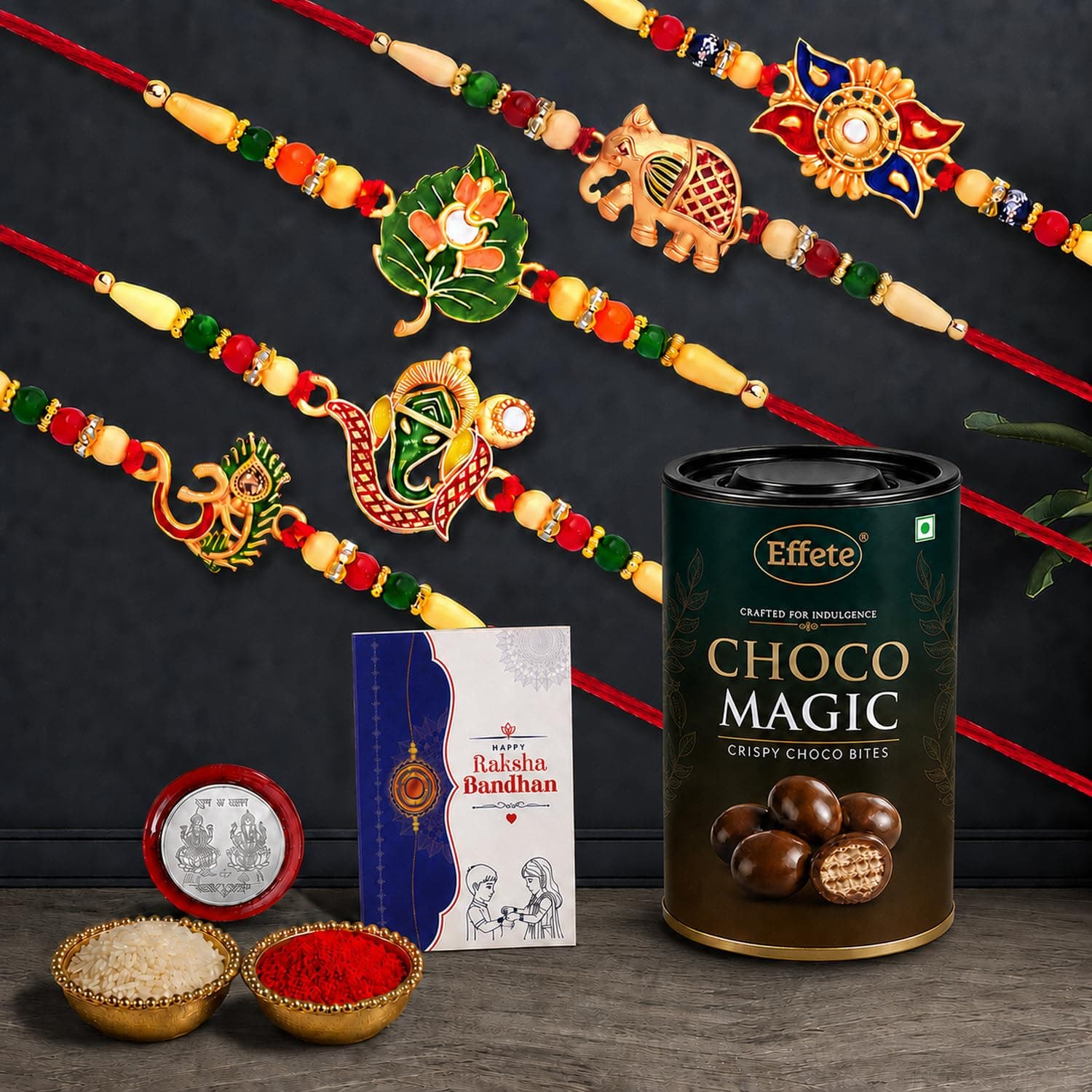 Oblivion Designer Rakhi Set of 5 for Brother – Leaf, Elephant & Ganesh Ji Design with Choco Magic Chocolate 96gm, Pooja Coin, Roli Chawal & Card | Rakhi with Chocolate Combo for Raksha Bandhan