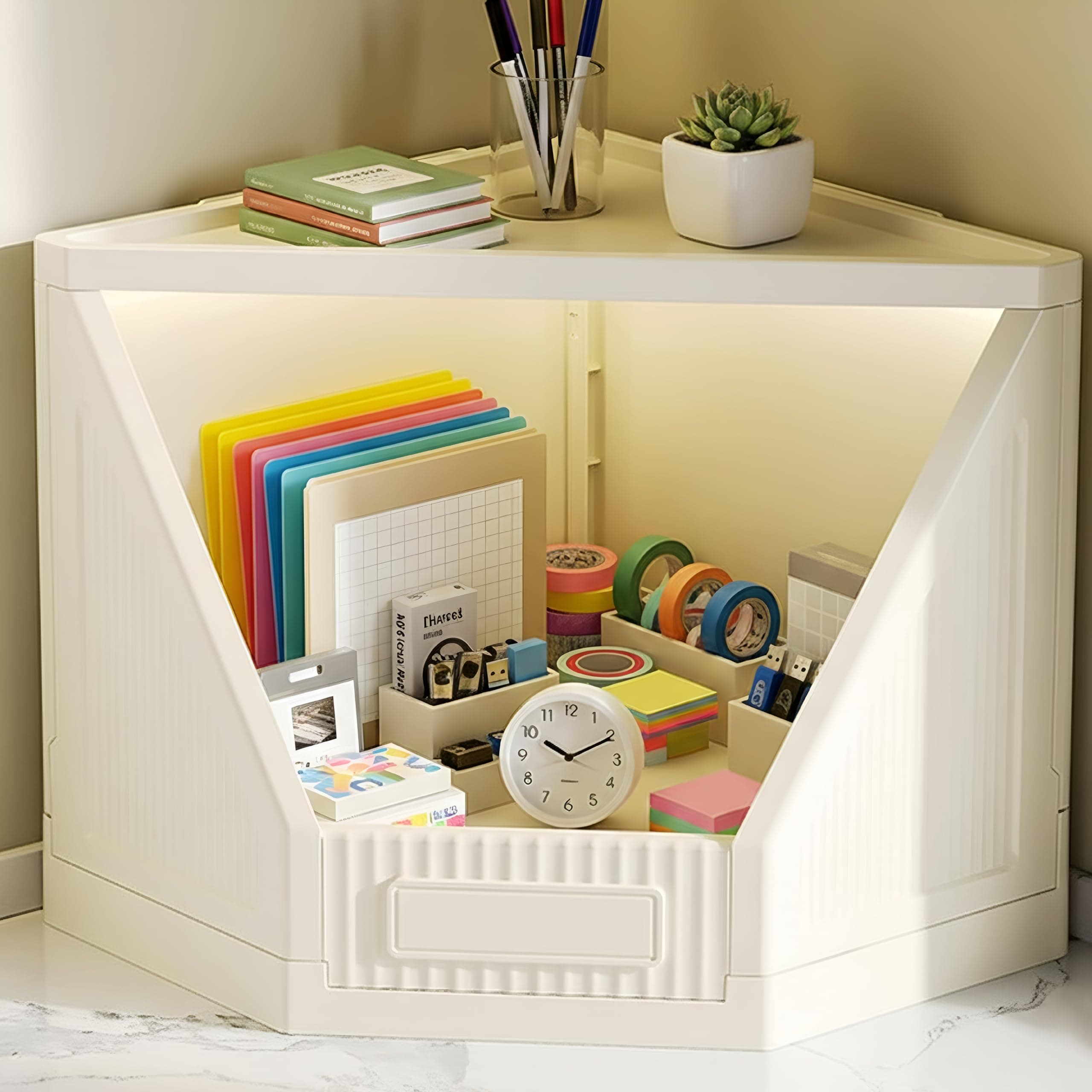 HOMIFLY 1 Tier Corner Storage Cabinet/Stackable Plastic Cupboard for Storage/Foldable Wardrobe for Clothes/Toys Storage Organizer/Cabinet for Kitchen, Bathroom, Living Room (White)
