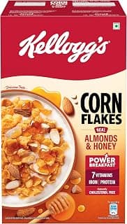Kellogg's Corn Flakes Real Almond Honey 650g | High in Iron, Vitamin B1, B2, B3, B6 & C | Naturally Cholesterol Free | Corn Flakes, Breakfast Cereal