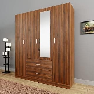VIKI Wardrobe | Wooden Almirah for Clothes,Door for Bedroom, 4 Door Wardrobe with Drawer, Mirror & Hanging Space (Brussel Walnut - 40D x 160W x 180H) | 1 Year Warranty | Free Assembly