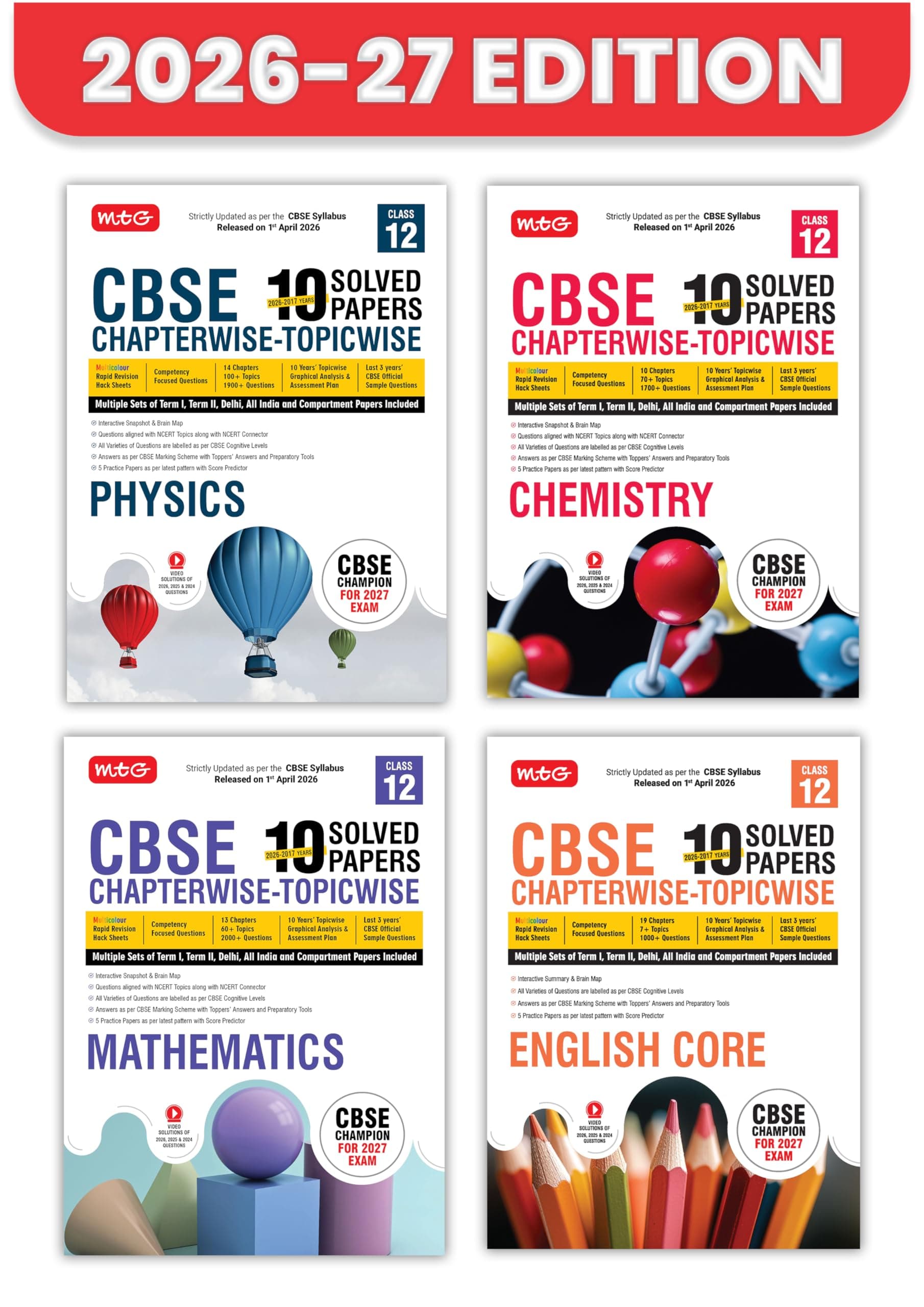 MTG CBSE Class 12 PYQs Book | 10 Years (2026-2017) Chapterwise Topicwise Solved Papers Class 12 Physics, Chemistry, Mathematics, English (Set of 4) - ... | CBSE Sample Papers (As Per Latest Pattern)