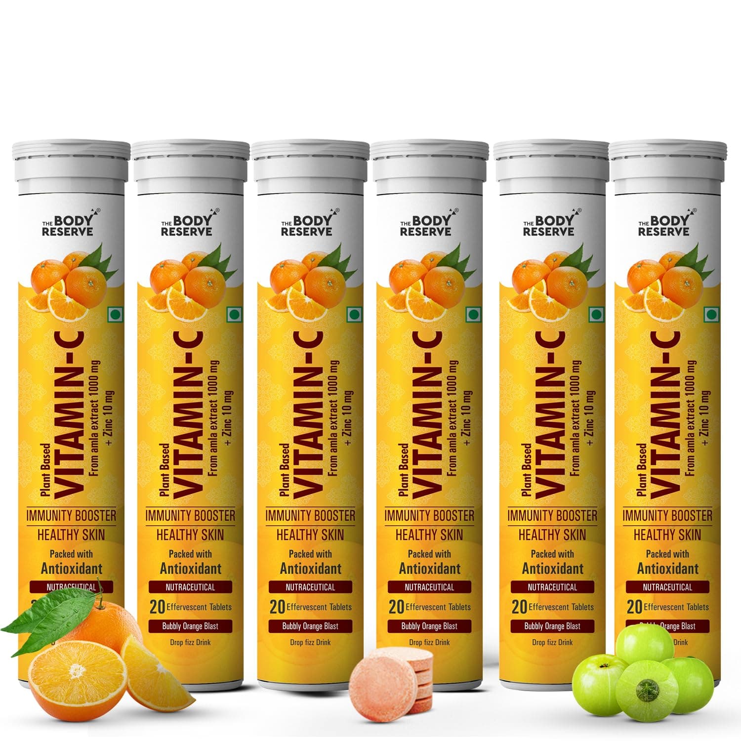 The Body Reserve Natural Vitamin C, Amla Extract With Zinc For Immunity, Skin Care, Antioxidants and Energy Boost, Orange Flavour 120 Effervescent Tablets (Pack Of 6)