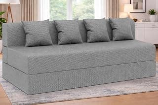 Foldable Four Seater Sofa Cum Bed, Sofa Bed 6 X 6 Feet Jute Fabric Washable Cover- Including Cushion Perfect for Living Room - Grey