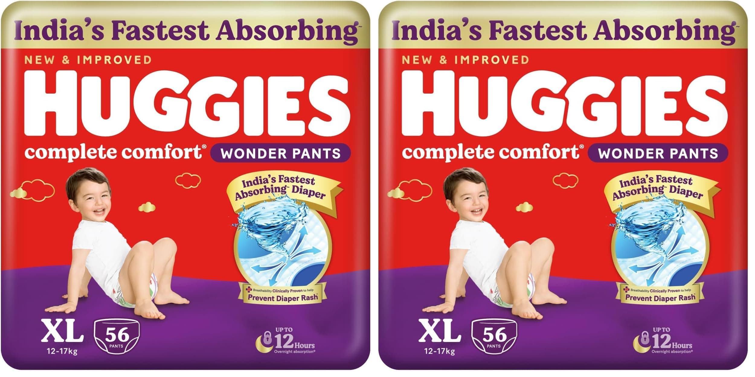 Huggies Complete Comfort Wonder Pants | Pant Style Baby Diapers Extra Large Size, 56 Count | India's Fastest Absorbing Diaper, Prevents Diaper Rash, Ideal for 12 to 17 Kgs (Pack of 2)