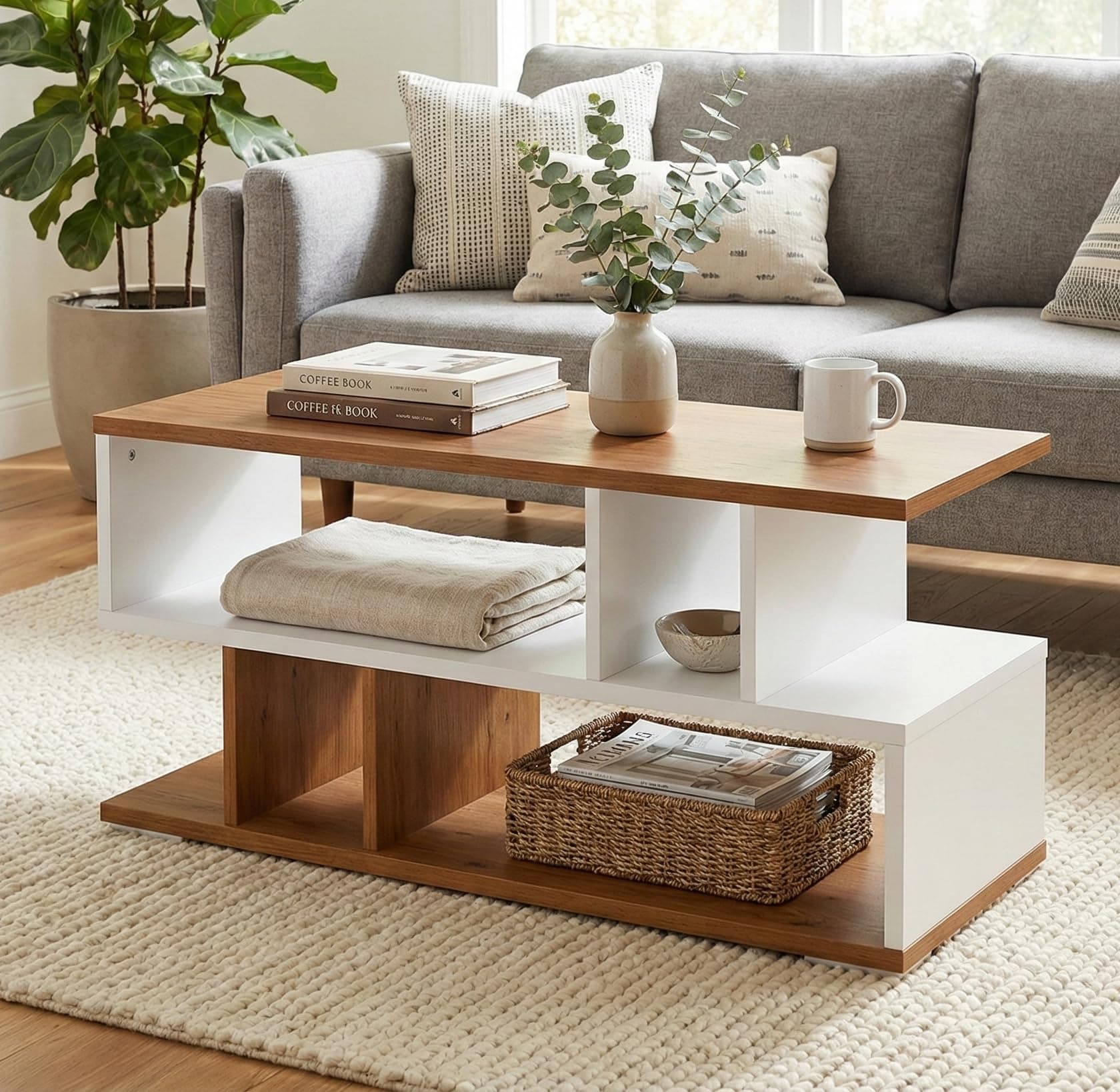 FURLAY Zentro Modern Coffee Table & TV Stand for Living Room, Mid Century Wood Entertainment Center with Open Storage Shelves, Minimalist Media Console Table for Home - 90 x 40cm (FWCT2-Multi Color)