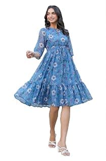 Janasya Women's Poly Georgette Floral Flared Western Dress