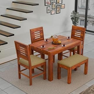 45 Inch Length Solid Sheesham Wood 4 Seater Dining Table Set | Four Seater Dinner Table with 3 Cushions Chairs & 1 Bench | Dinning Table Set 4 Seater for Living Room | Honey Finish