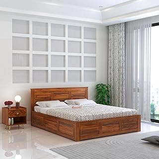 Ganpati Arts Sheesham Wood Swiss Queen Size Bed with Box Storage | Wooden Double Bed Cot Palang Furniture for Bedroom Living Room Home Hotel (Natural Finish)