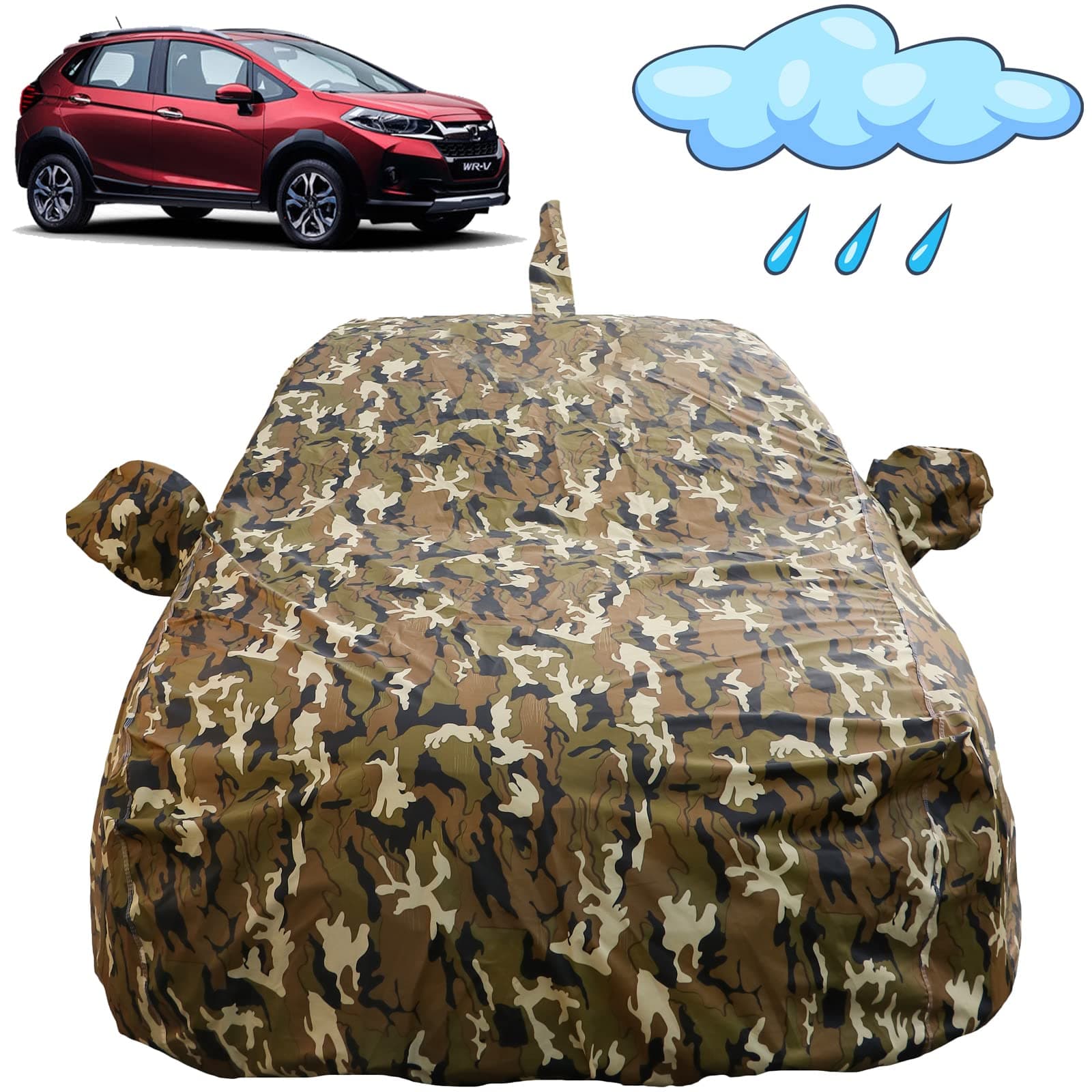 WRV Waterproof Car Cover with Mirror & Antenna Pockets, Camouflage Design, Non Woven Fabric,Triple Stitched, Compatible with Honda WRV Car Cover (2017 to 2024), WRV Car Accessories