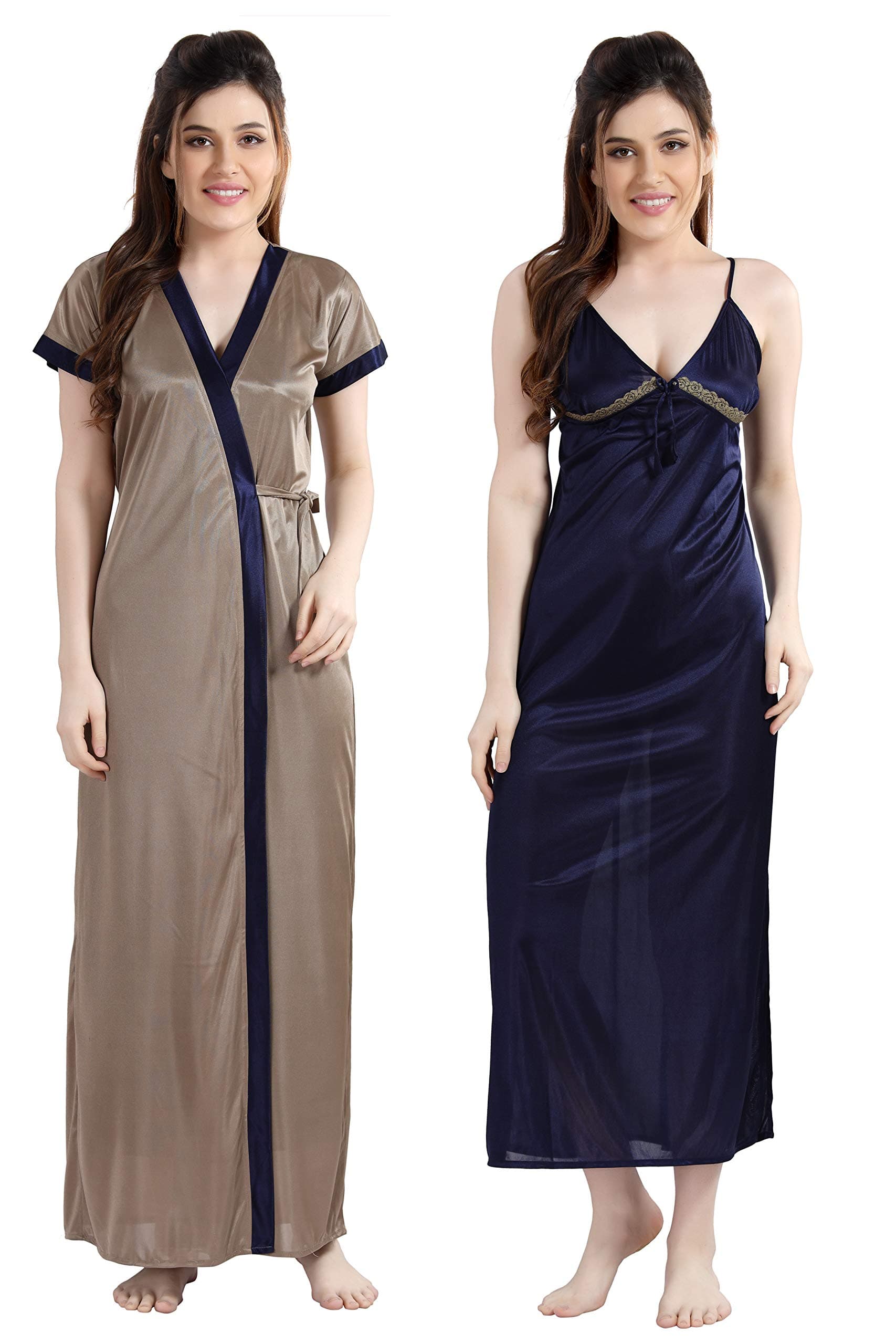 AV2 Women's Satin Solid Knee Length Nighty with Robe