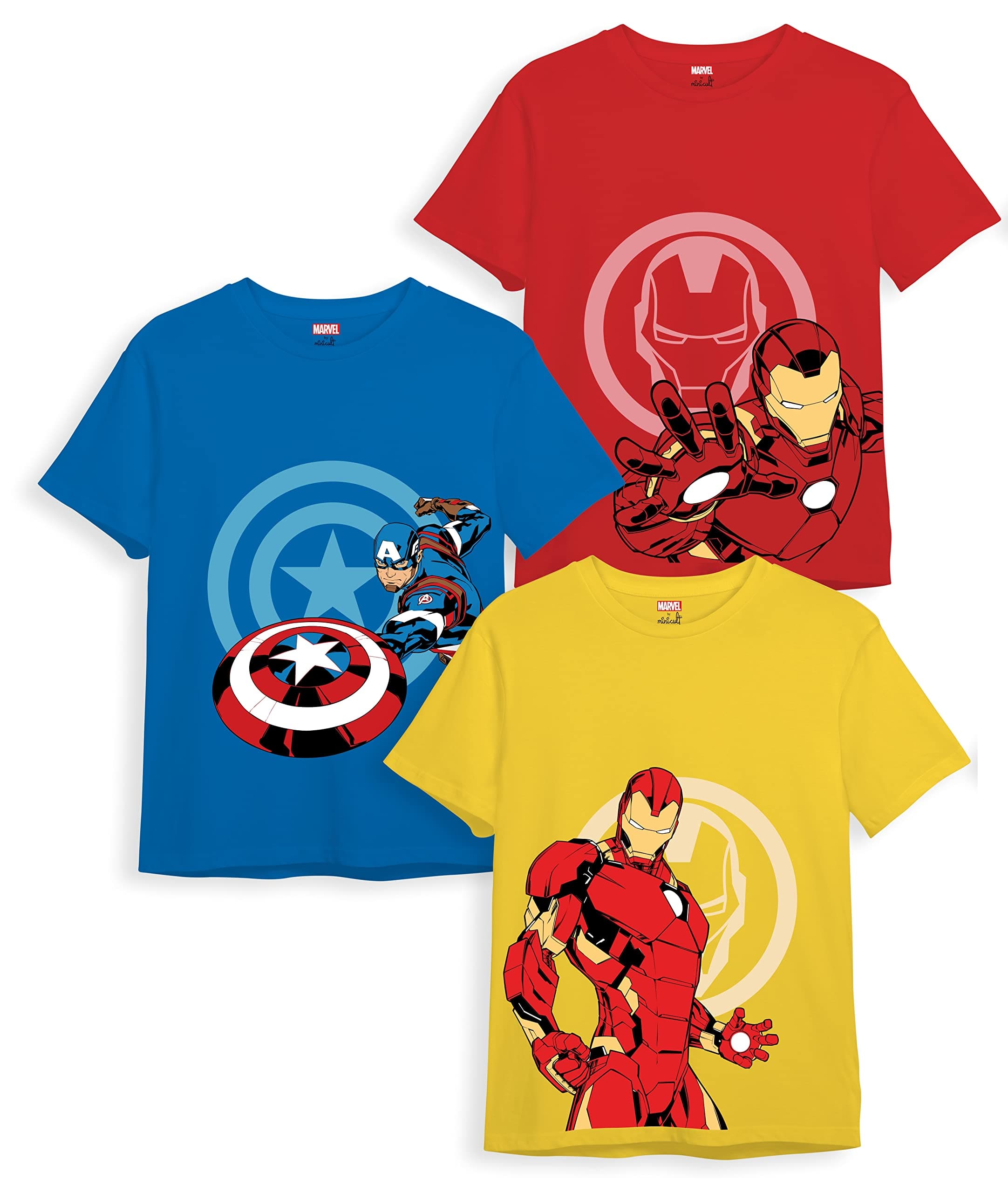 minicult Marvel Captain America Iron Man Cotton T-Shirts Pack of 3 | 9–10Y | Official licensed Marvel pack of 3 cotton T-shirts with iconic superhero prints, soft comfort and vibrant everyday style.