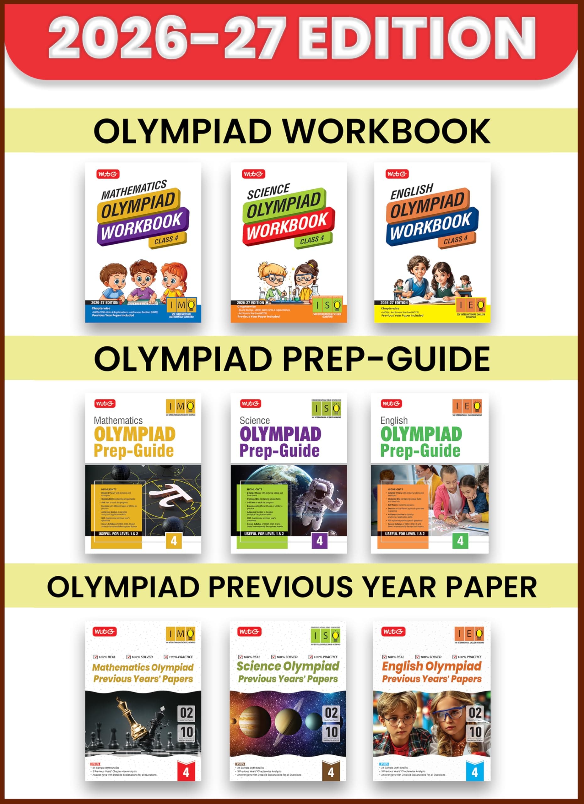 MTG Mathematics, Science, English Olympiad (IMO-ISO-IEO) Workbook, Prep Guide & Previous Years Papers Class 4 (PYQs) with Mock Test Paper - SOF Olympiad Books For 2026-27 Exam (Set of 9 Books)