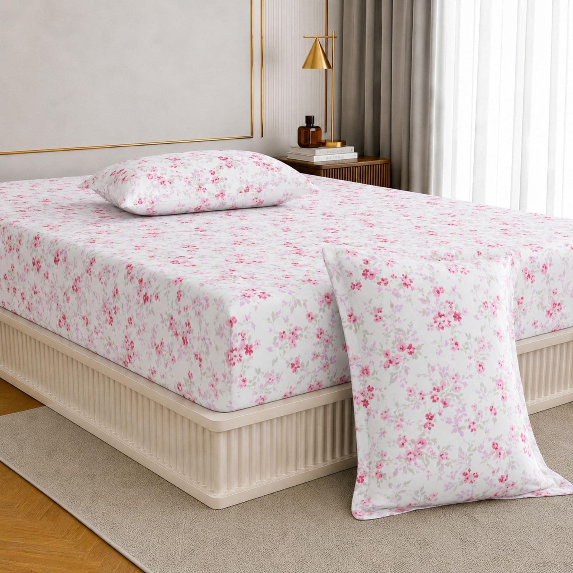 Plumora Queen Size Fitted Bedsheet Cotton with Elastic, 100% Pure Cotton Double Bed Fitted Sheet with 2 Pillow Covers, 240 TC, 60×78 Inches up to 8-inch Mattress, Floral Design – (Ruby Bloom)