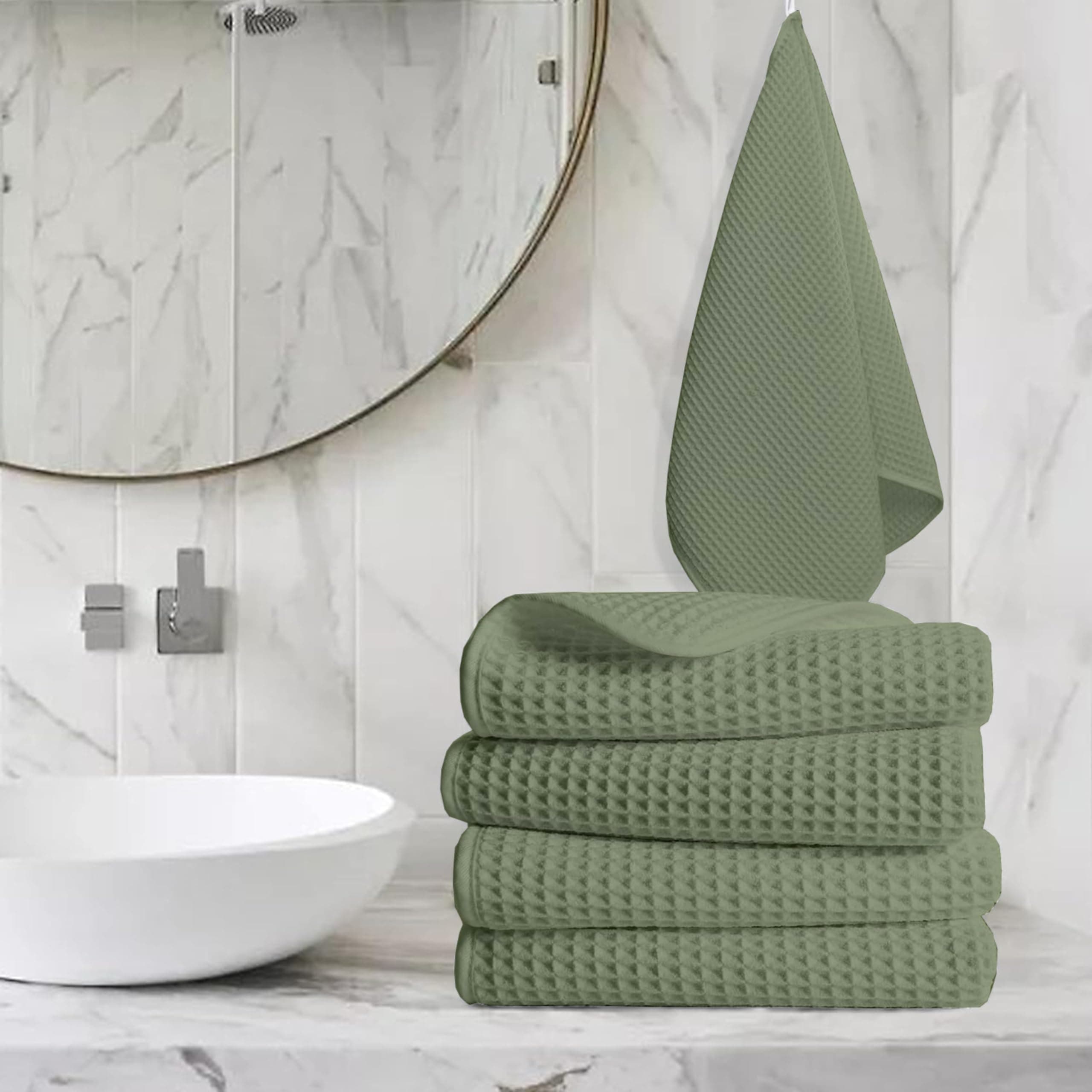 Enchant Home Pure Cotton Waffle Towel | Lightweight | Anti Microbial and Water Absorbent | Soft Touch Quick Drying Hand Towels (Sage Green, Pack of 4)