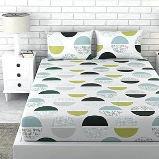 LORETO - A QUALITY LINEN BRAND 100% Cotton Bedsheet for Double Bed, 1 Double Bedsheet with 2 Pillow Covers | 144 TC Queen Size, Hawaiian Blue and Pale Yellow Circle