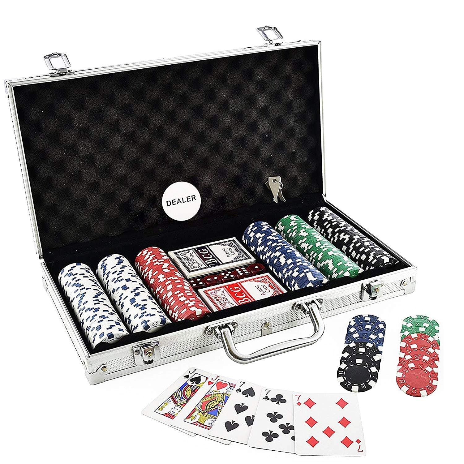 Niku Adult Casino Style 300 Chips/Pcs Poker Chips Set with A Aluminum Finish Case, 2 Decks of Cards, 5 Dice, 1 Dealer Button for Kids(Classic Multiplayer Game)