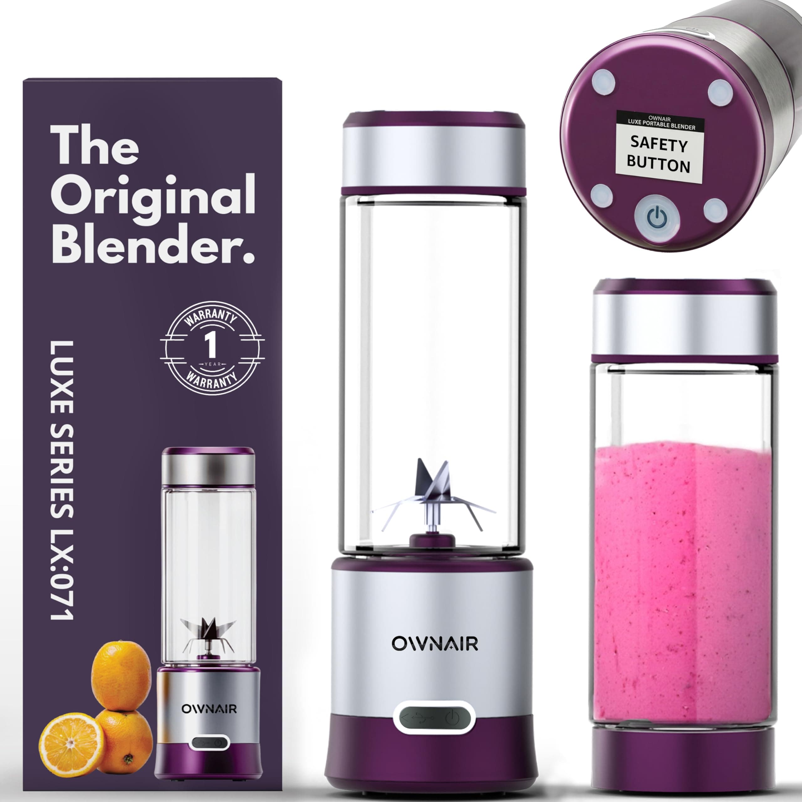 OWNAIR Portable Blender | Smoothie & Juice Maker | 180W Blender Mixer Grinder | 5000mAh Rechargeable Portable Juicer | BPA Free 450ml High Borosilicate Glass Jar | Baby Food & Smoothie Maker