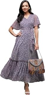 Miss Chase Women's V Neck Flared Sleeve Floral Wrap Chiffon Maxi Dress