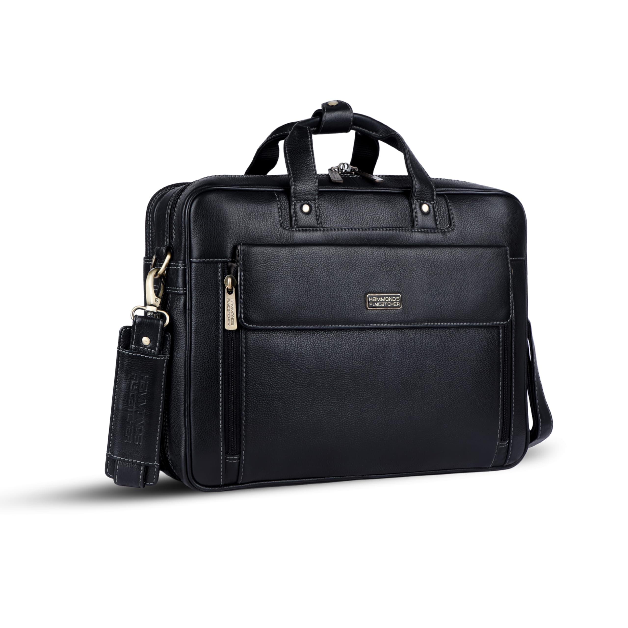 HAMMONDS FLYCATCHER Genuine Leather Office Bag for Men, 15.6" Leather Laptop Bag for Men for Office, Travel, Daily Use, Adjustable Strap & Multi Compartments - 1 Year Warranty - Black_Napa
