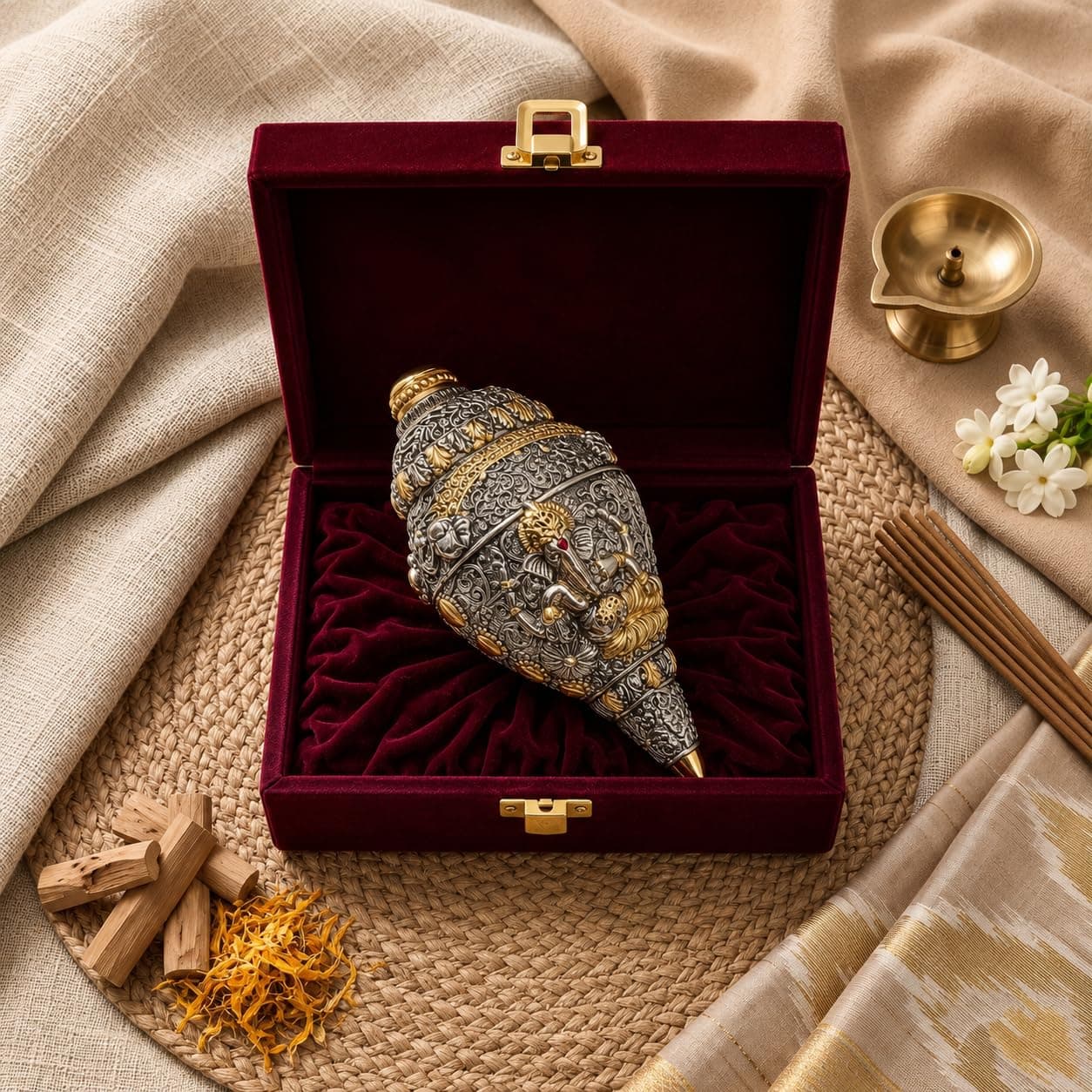 999 Pure Silver Plated & 24K Gold Plated Ganesh Shankh Idol (5.5 Inch) – Dual Tone Sacred Conch Shell Ganpati Murti | Vastu Showpiece for Home Temple, Altar, Wealth & Success | Auspicious Pooja Gift