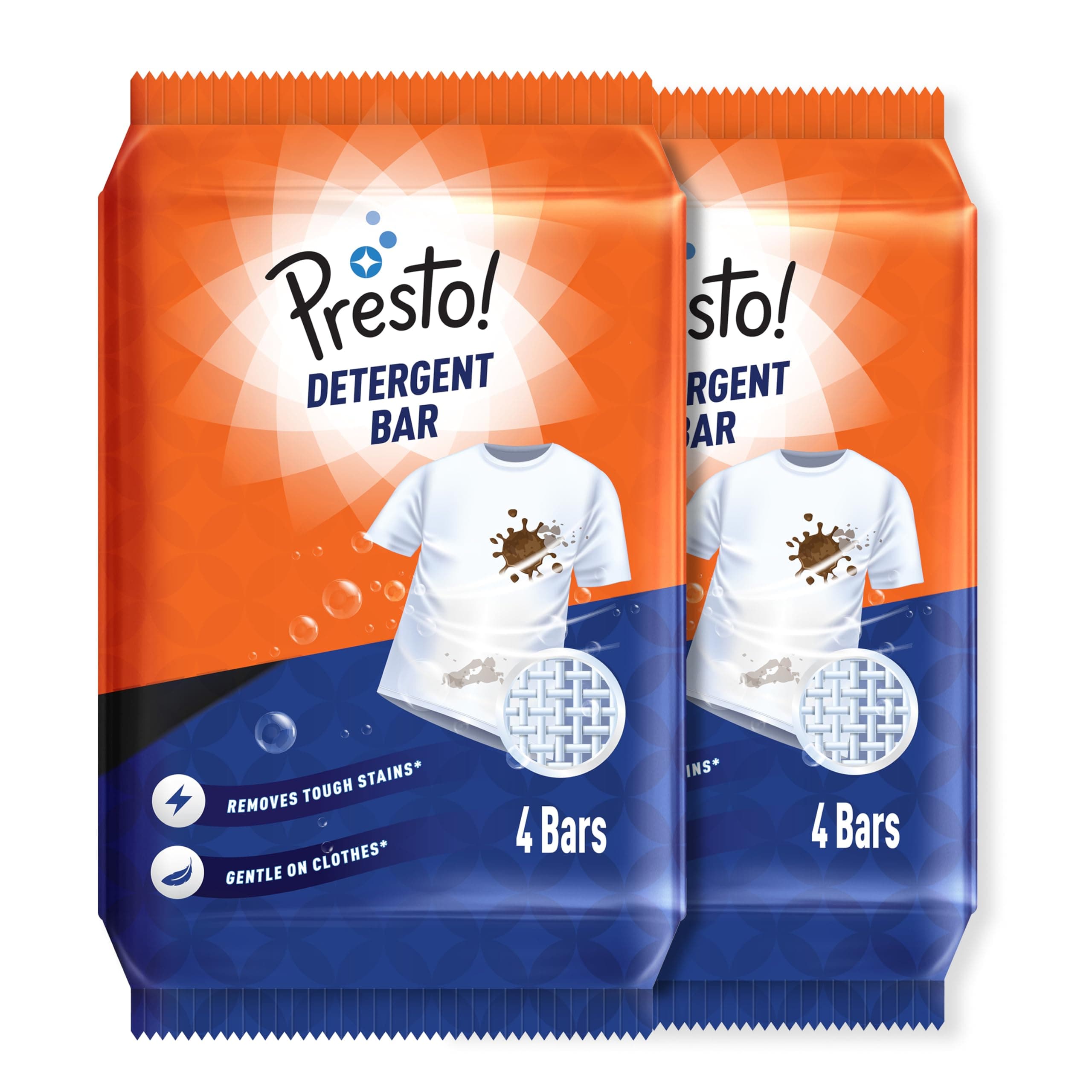 Amazon Brand - Presto! Detergent Bar | 250g | 8 Count | 4 Bars Each X Pack of 2 | Tough On Stains | Gentle On Fabrics | Colour-Safe | Refreshing Fragrance | Gentle on Hands