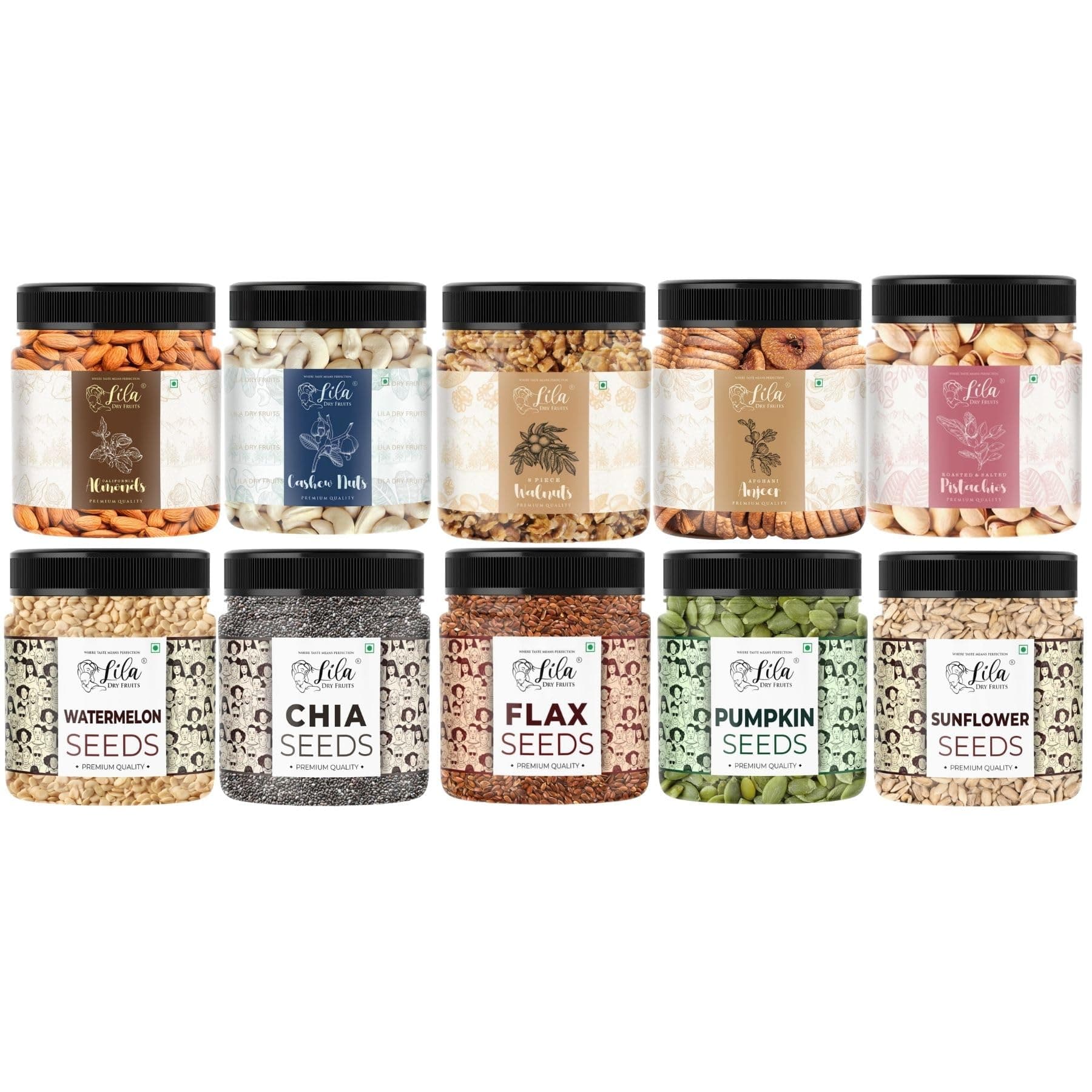 LILA DRY FRUITS Premium Gifting Combo Dry Fruits and Seeds Mix 10 in 1 (100g x 10) Almond Cashew Pistachio Walnut Anjeer Pumpkin Sunflower Watermelon Chia Flax Healthy Snack Pack Perfect for Gifting