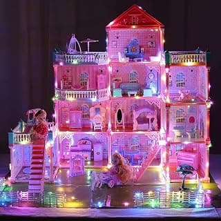 JETRA Dreamy House Dollhouse Kit, 4-Story Miniature Dollhouse with Furniture, Tiny House Set with 2 Doll Accessories, Creative & Imagine DIY Doll Cottage for Gift 3 to 11+ Age Girls, Toddlers & Kids