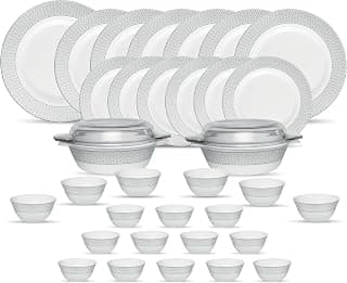 La Opala Diva Velvett Collection Opal Glass Crockery | for Family of 6 | Dinner Set 35 pcs Stella Grey | Plates & Bowls for Dining | Microwave Safe | 100% Vegetarian | Extra Strong | Light & White