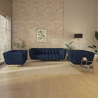 Wakeup India Mushy Premium Fabric Sofa Set | 5- to 6-Person Sofa Sofa | Pocket Spring Cushion | Padded Cushioned Armrest | Metal Leg with Golden Polish (Berry Blue,Seating-3+1+1) | 3 Years Warranty