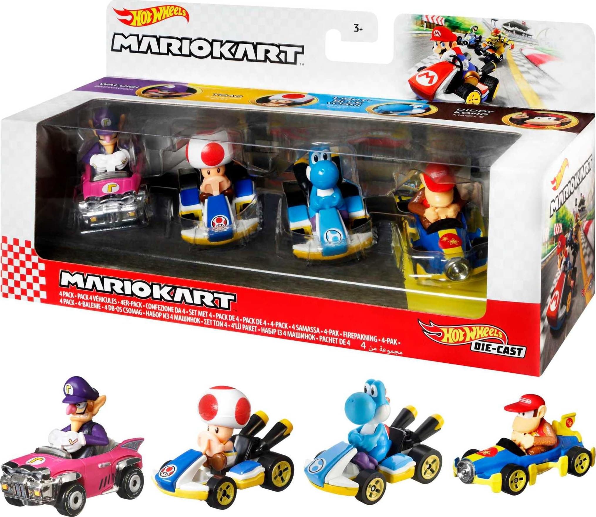 Hot Wheels® Mario Kart™ Vehicle 4-Pack #4, Set of 4 Fan-Favorite Characters Includes 1 Exclusive Model, Collectible Gift for Kids & Fans Ages 3 Years Old & Up
