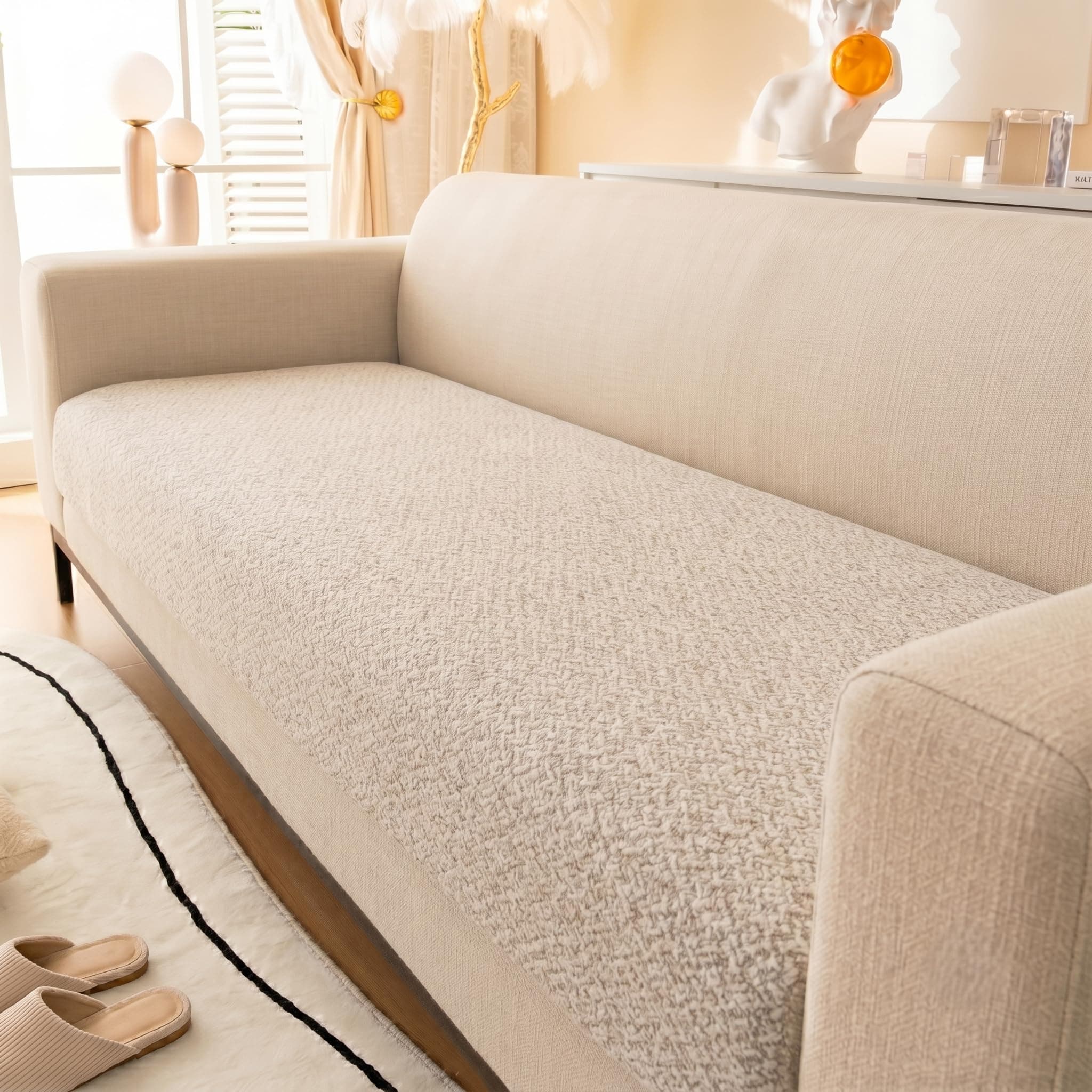 Styleys Sofa Mat Teddy Boucle for 1/2/3-Seater & L-Shaped Sofa – Quilted Anti-Slip Protector | Washable Couch Cover | Elegant Fit for Living Room | Soft, Durable - 70X150cm, Khaki, XNEDDSFD-4D