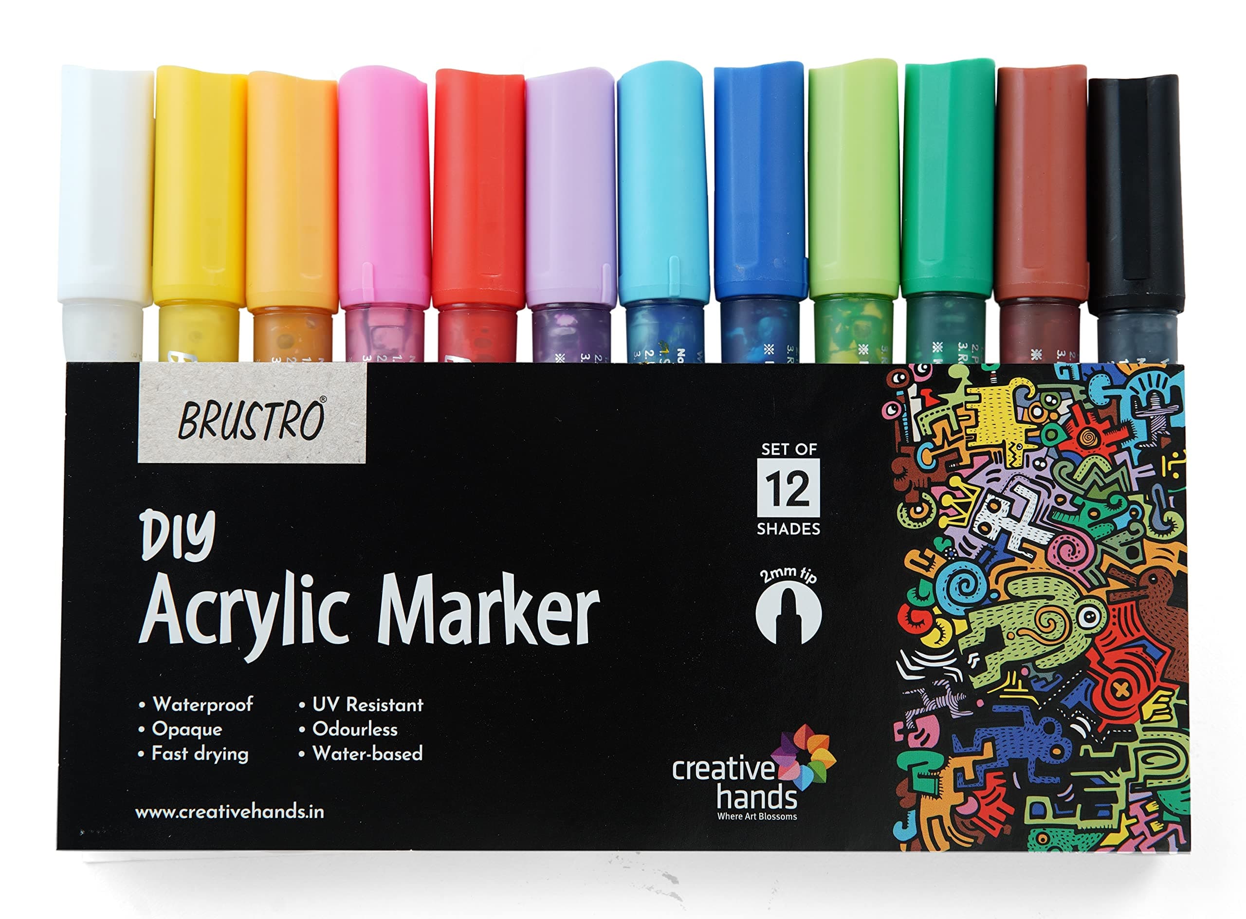 Brustro (DIY) Acrylic Marker Set of 12 Vibrant Colours, Tip Size - 2MM |Water-Resistant,Matte Finish,UV Resistant,Non-Toxic Colours|Ideal for Craftworks,School, Works on Glass & Plastic