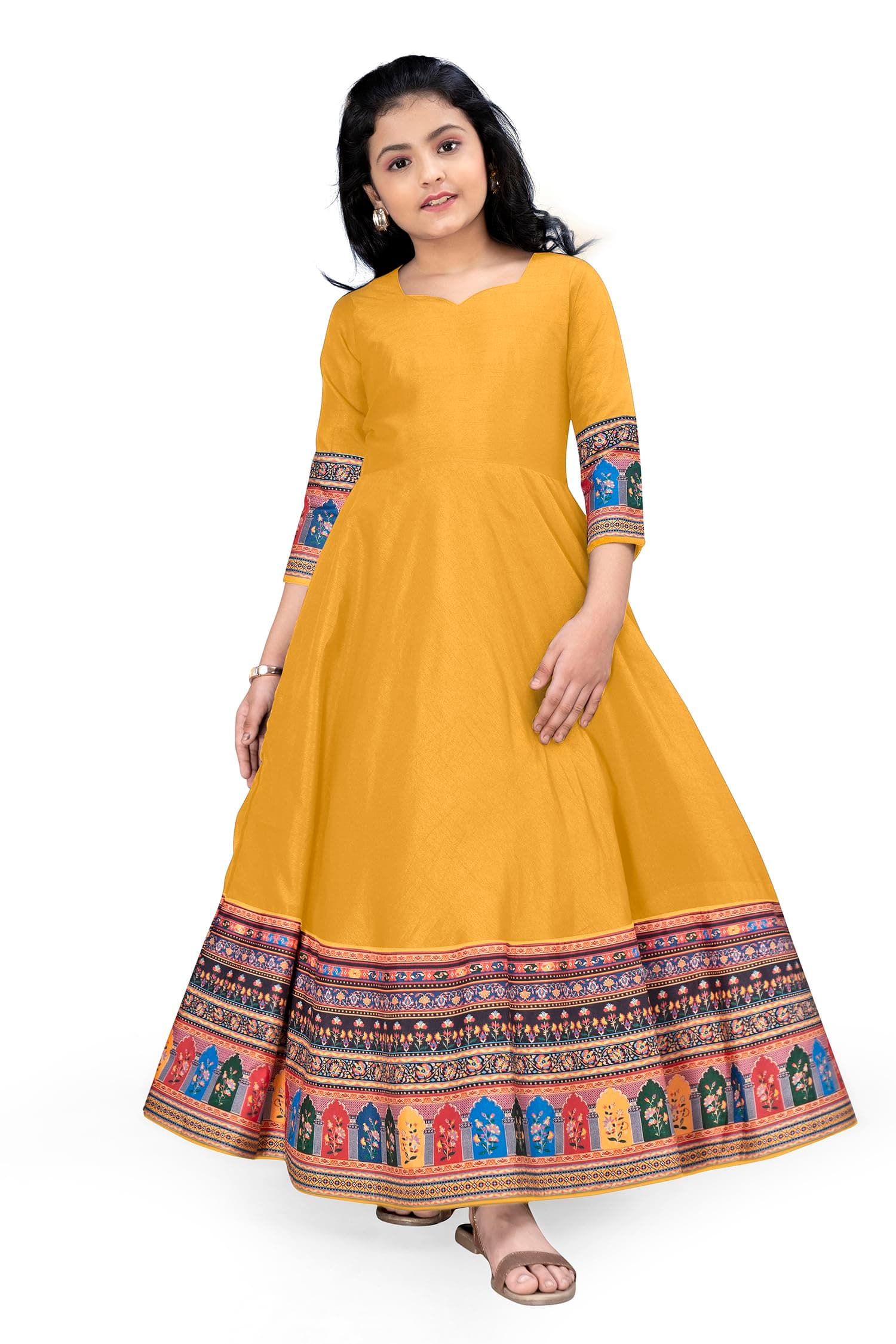 Jwalin Girls Maxi Length Flared Ethnic Dress | Long Fit and Flare Dress for Kids